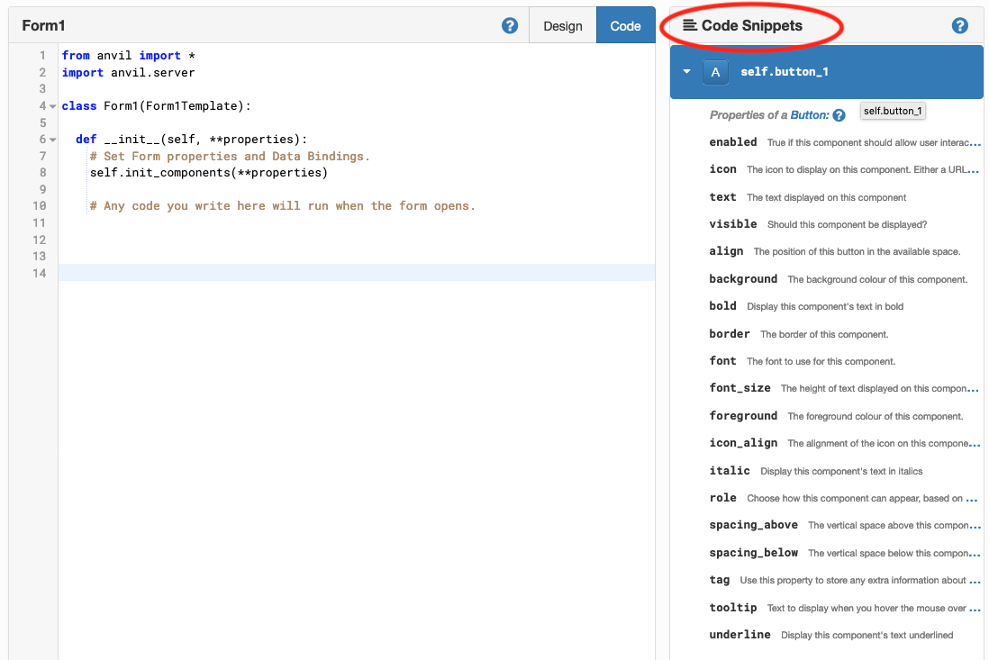 Click on a component in the code snippets panel to see a list of properties