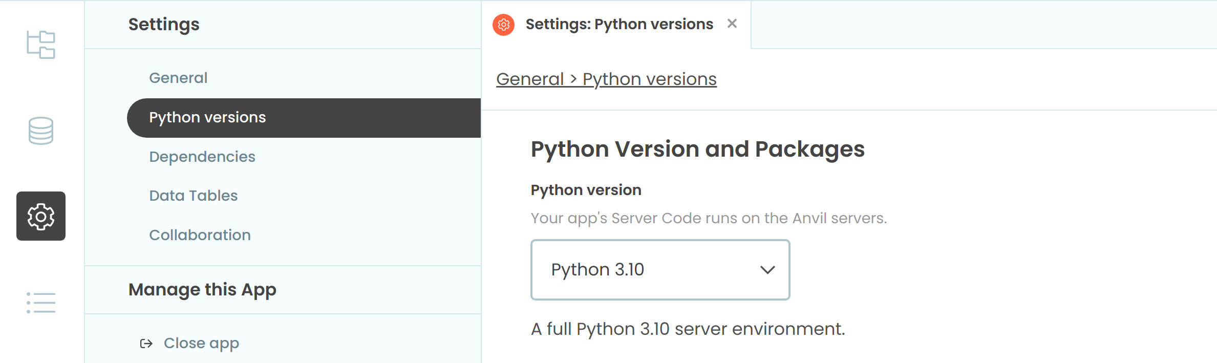 Selecting the Python 3.10 version for your app.