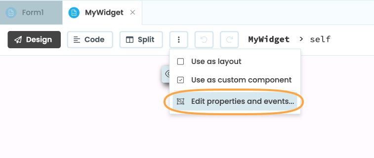Location of the 'Edit properties and events' option for the Form in the three dots menu at the top of the Form Editor