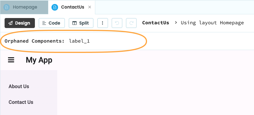 The Orphaned Components panel with a Label inside