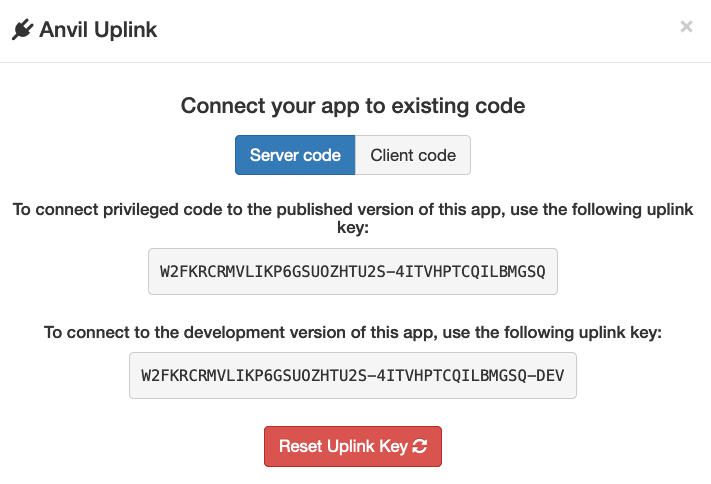 Part of the Uplink dialog, where you can select development or published versions of the Uplink key.