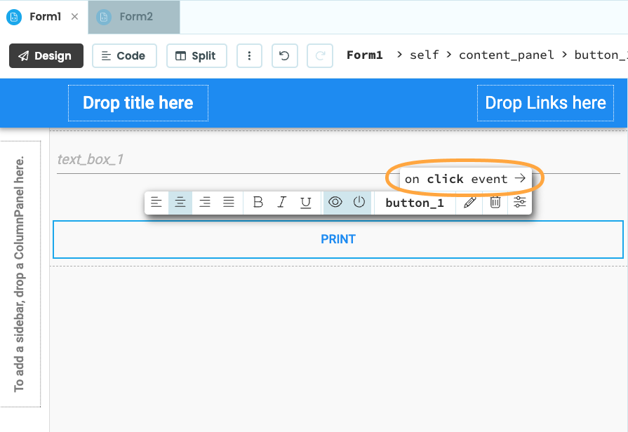 Configuring a click event handler for a Button using the Properties Panel