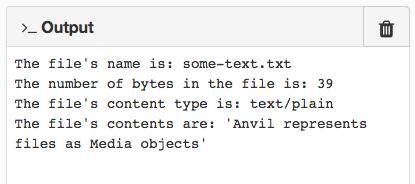 Output Panel showing the name, length, content type, and contents of a simple text file