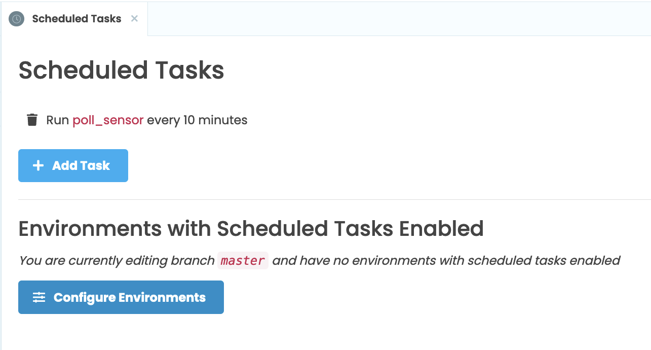 Scheduled Tasks tab with the `Configure environments button highlighted.`