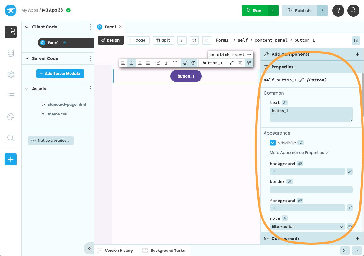 The Component Properties Panel in the Anvil Editor