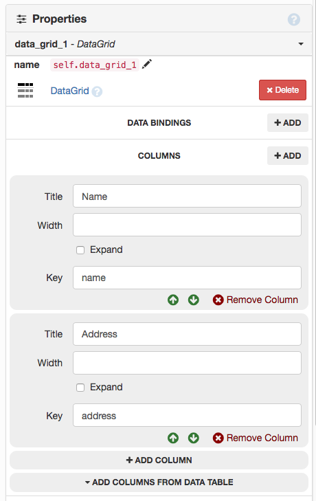 Using the Properties Panel to configure Data Grid columns