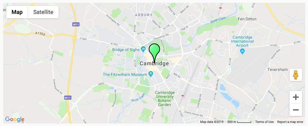 A GoogleMap showing Cambridge UK with a green icon pin dropped in the centre.
