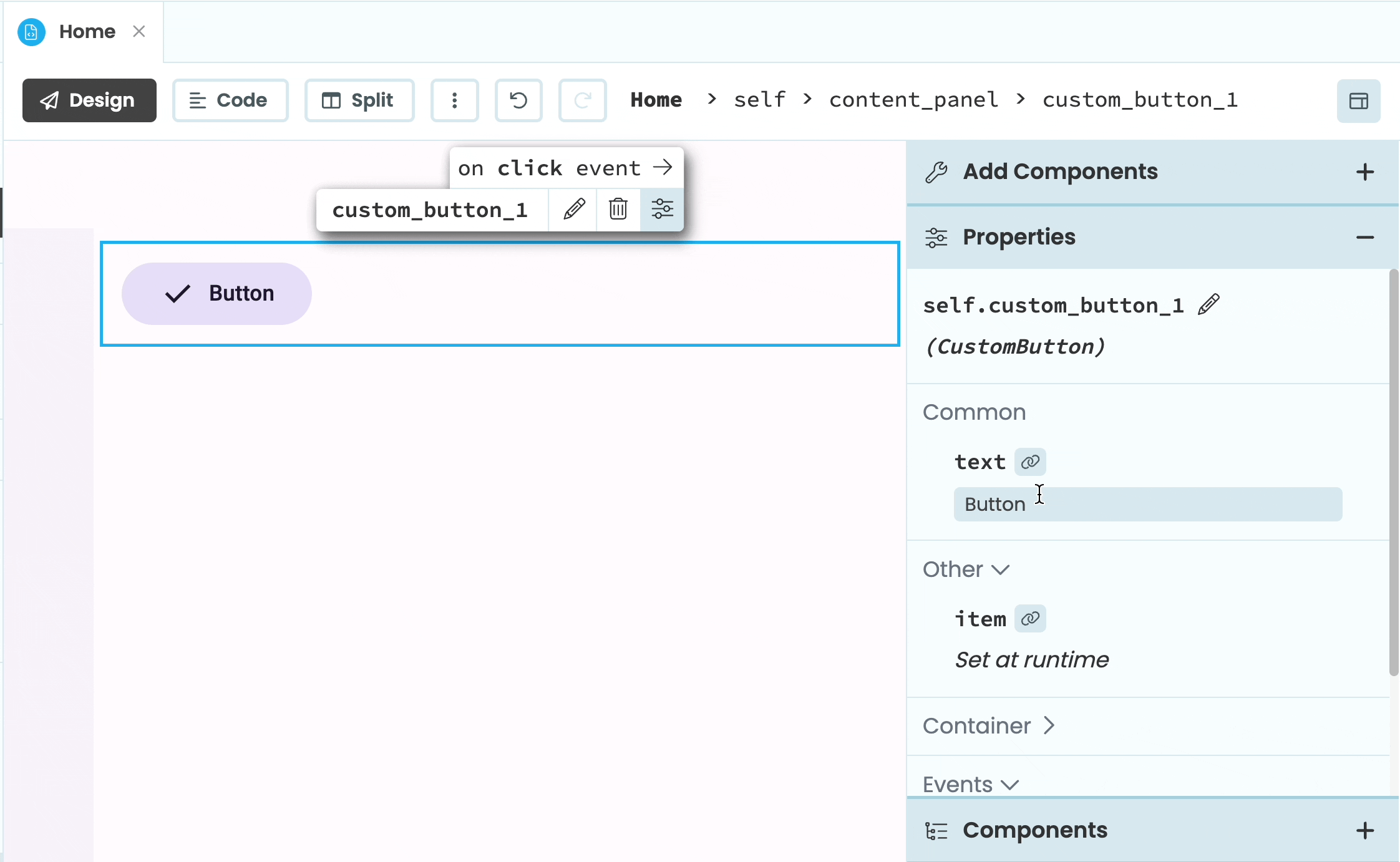 Updating the text of the custom button from the Properties Panel