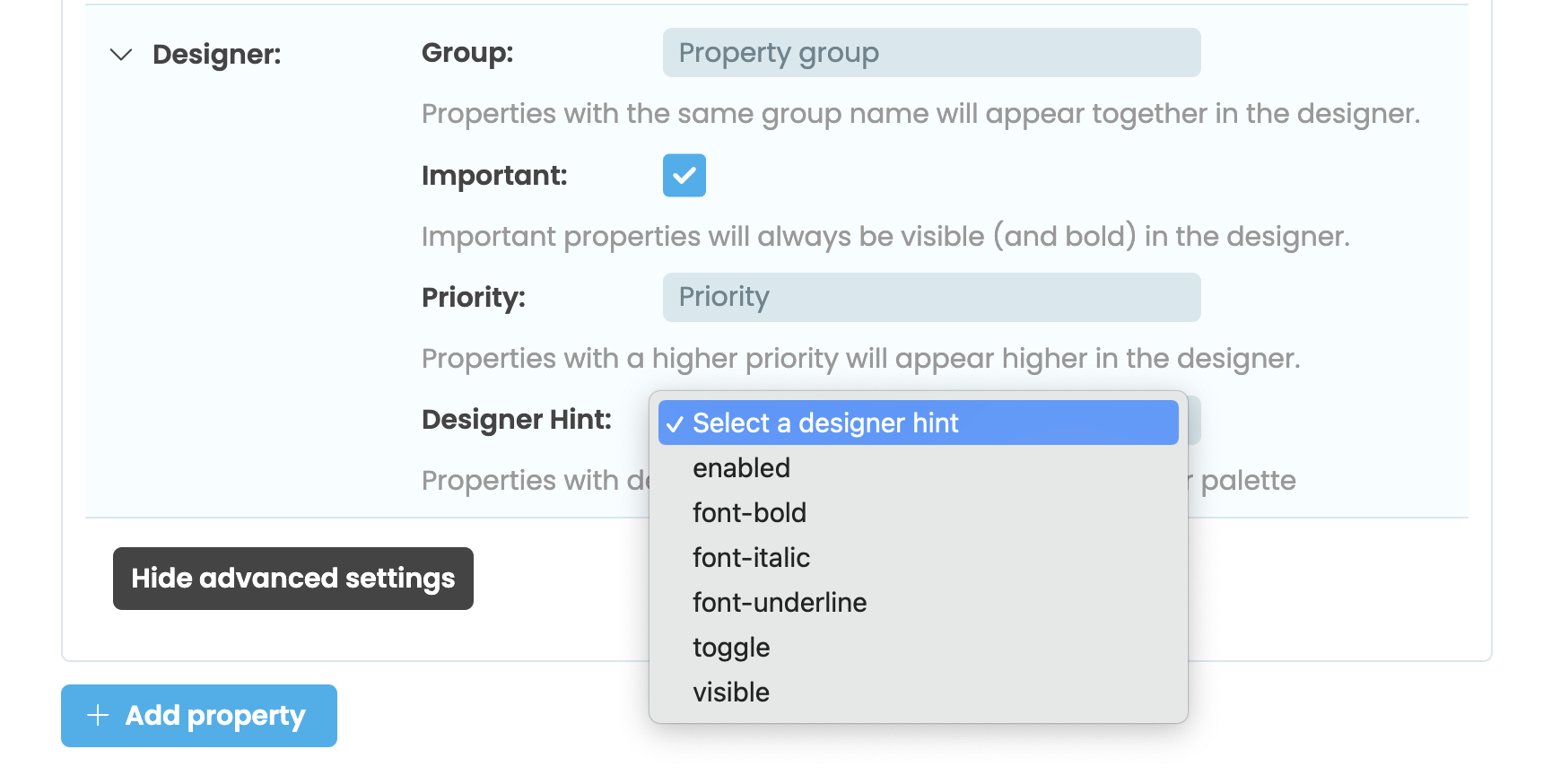 The Desginer Hint dropdown in the Custom Component Configuration dialog