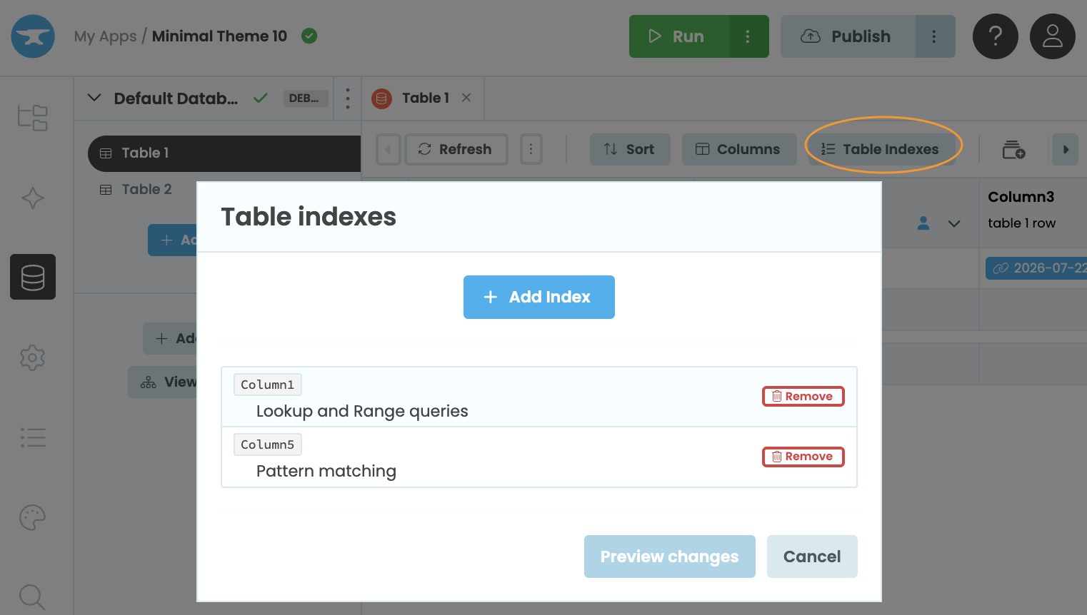 The Table Indexes modal showing options to create a new index for a Data Table.