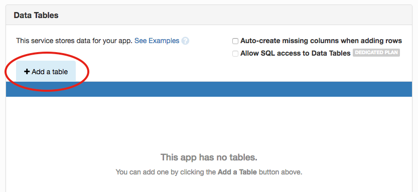 Data Tables Service with Add A Table highlighted