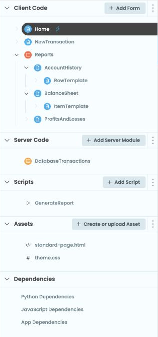 The App Browser showing Client Code, Server Code, Scripts, Assets and Dependencies.
