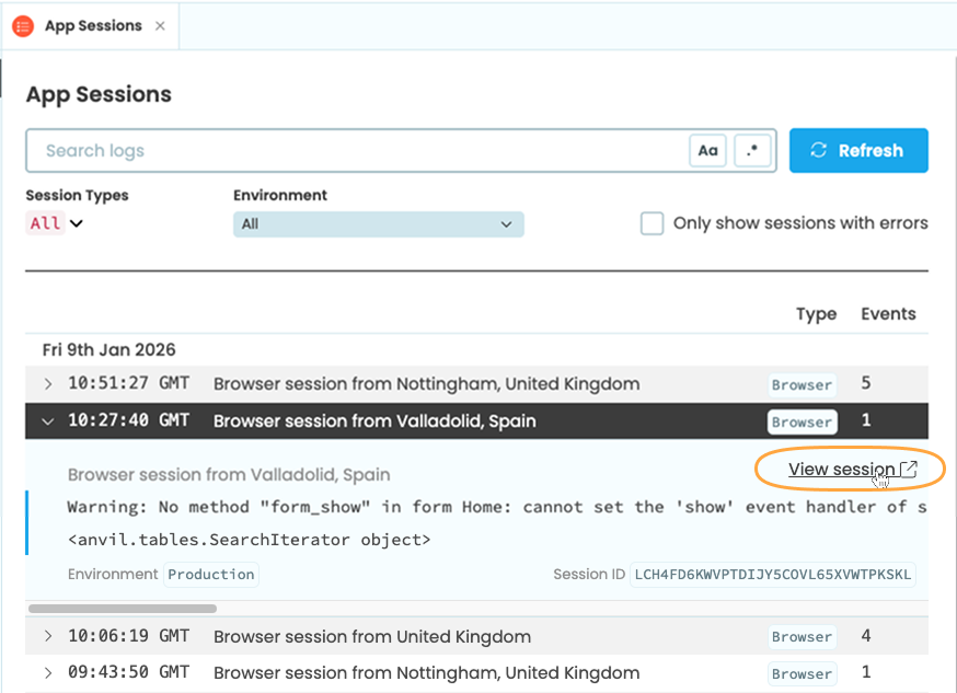 Click on &lsquo;View session&rsquo; to find profiling and tracing tools for the session.