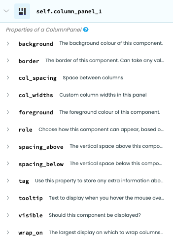 The properties of this
ColumnPanel.
