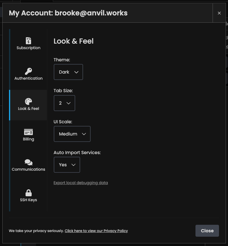 The My Account dialog open with the Dark theme selected