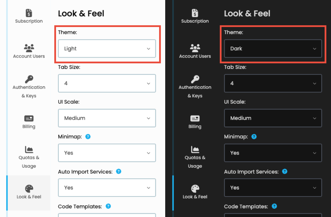 The My Account dialog open with the Light and Dark theme selections.