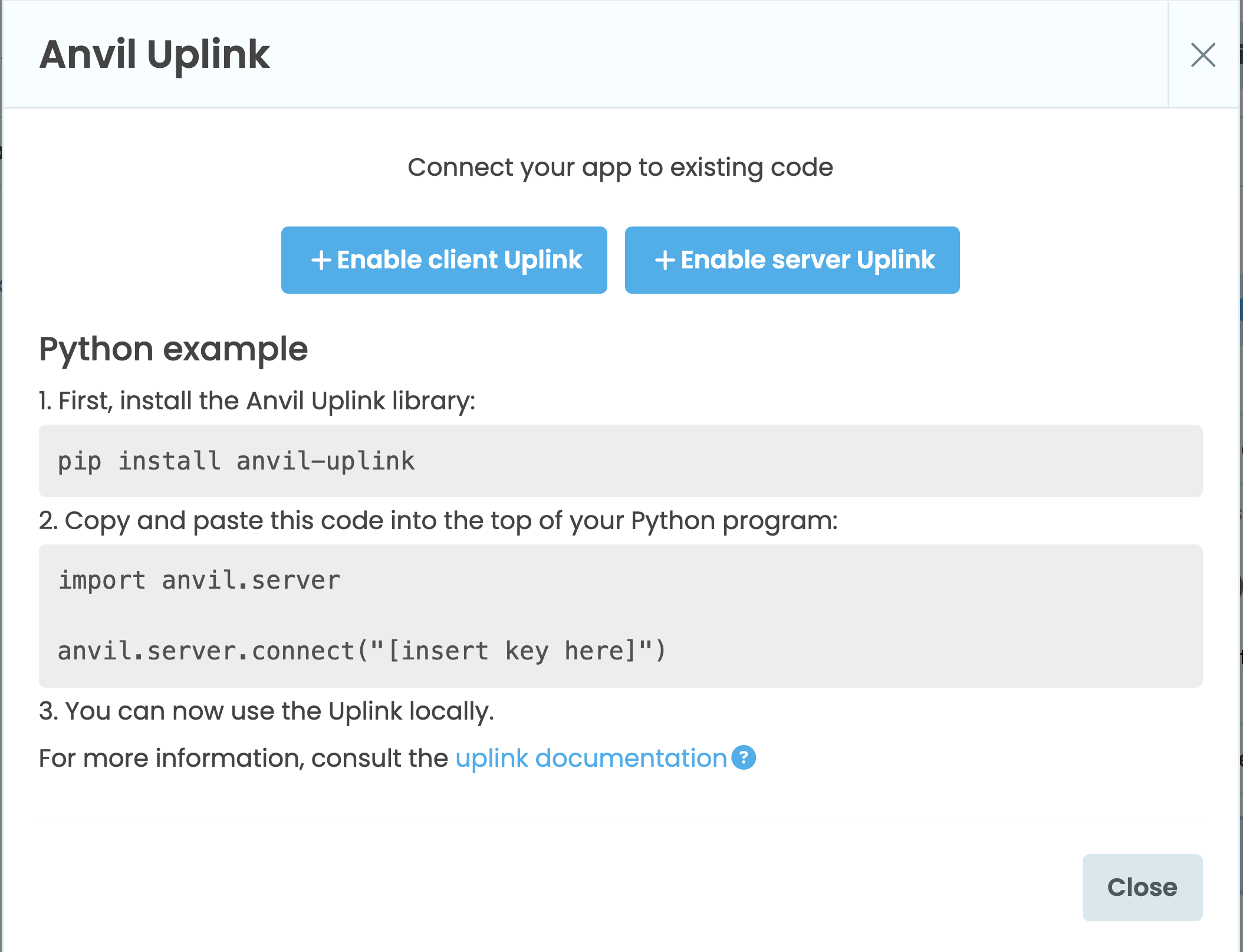 Screenshot of the Uplink modal which has two buttons, one for enabling the Client Uplink and one for enabling the Server Uplink