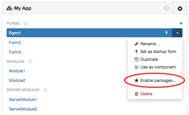 Click &lsquo;Enable packages&hellip;&rsquo; to convert an app that pre-dates Packages.