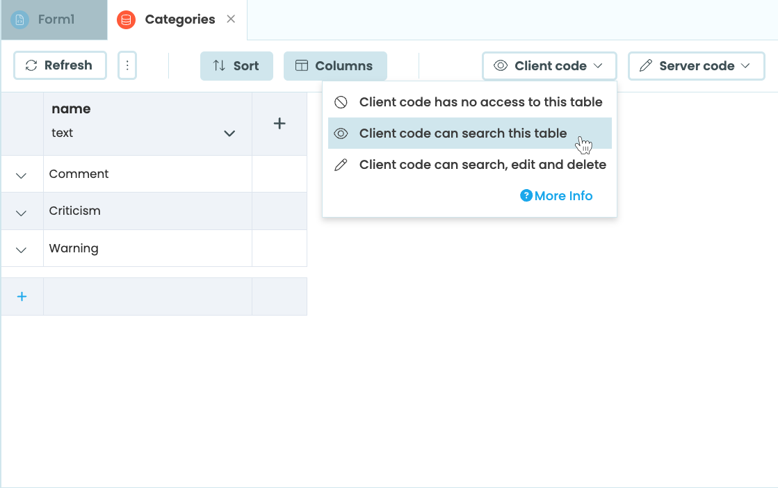 Changing the permissions of the categories Data Table