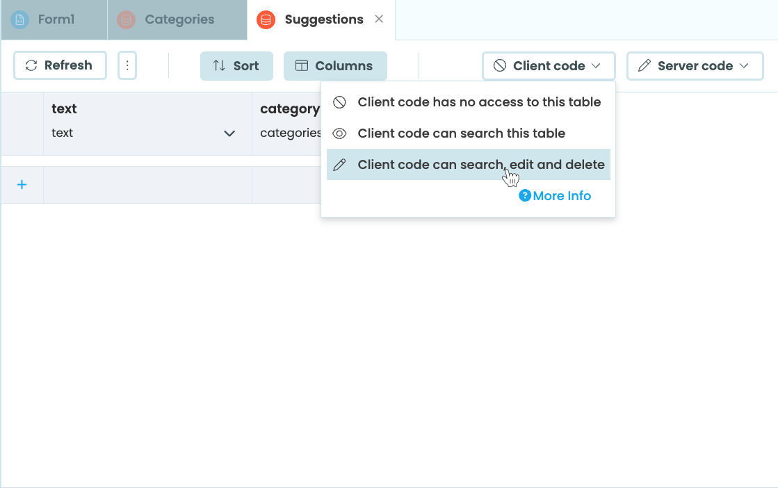 Changing the permissions of the suggestions Data Table