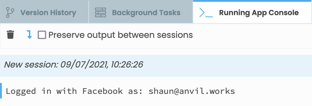 The App Console with 'Logged in with Facebook as: shaun@anvil.works' displayed.