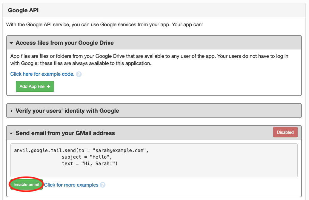 Enabling the sending of emails via Gmail in the Google API services dialog.