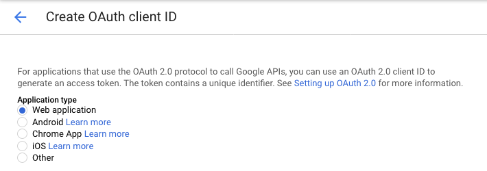 The first part of the Create OAuth Client ID form. The application type 'web application' is selected.