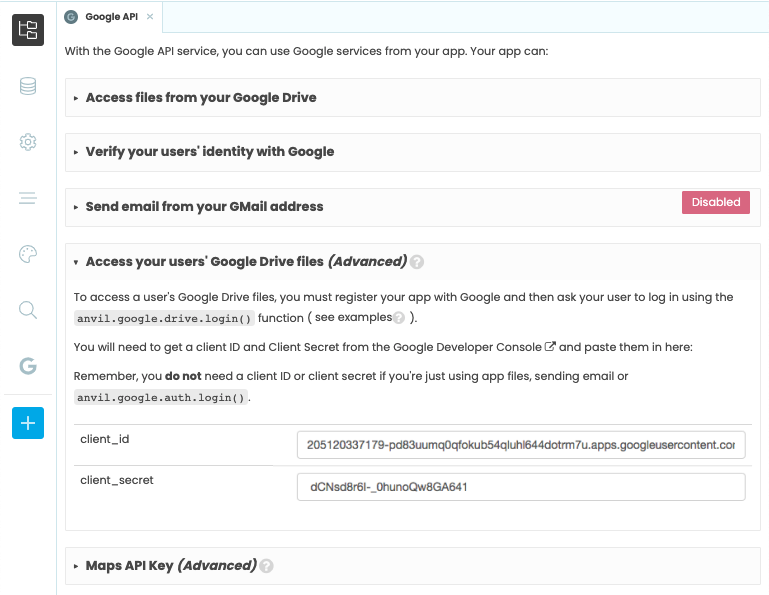 Google API Service view in Anvil showing the Client ID and Secret pasted in to the 'Access your users' Google Drive files' section.