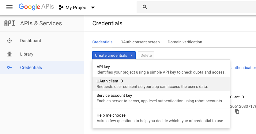 The Credentials view in Google Developer Console - OAuth Client ID selected from the Create Credentials dropdown.