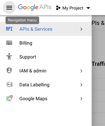 The hamburger menu of the Google Developer Console, showing options including 'APIs and Services'