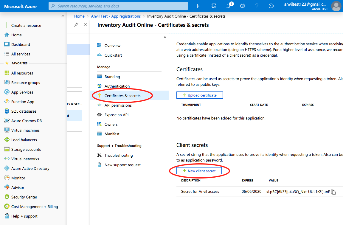 Azure Portal's app registration Certificates and Secrets view. The Certificates and Secrets menu item and the New Client Secret button are both circled in red.