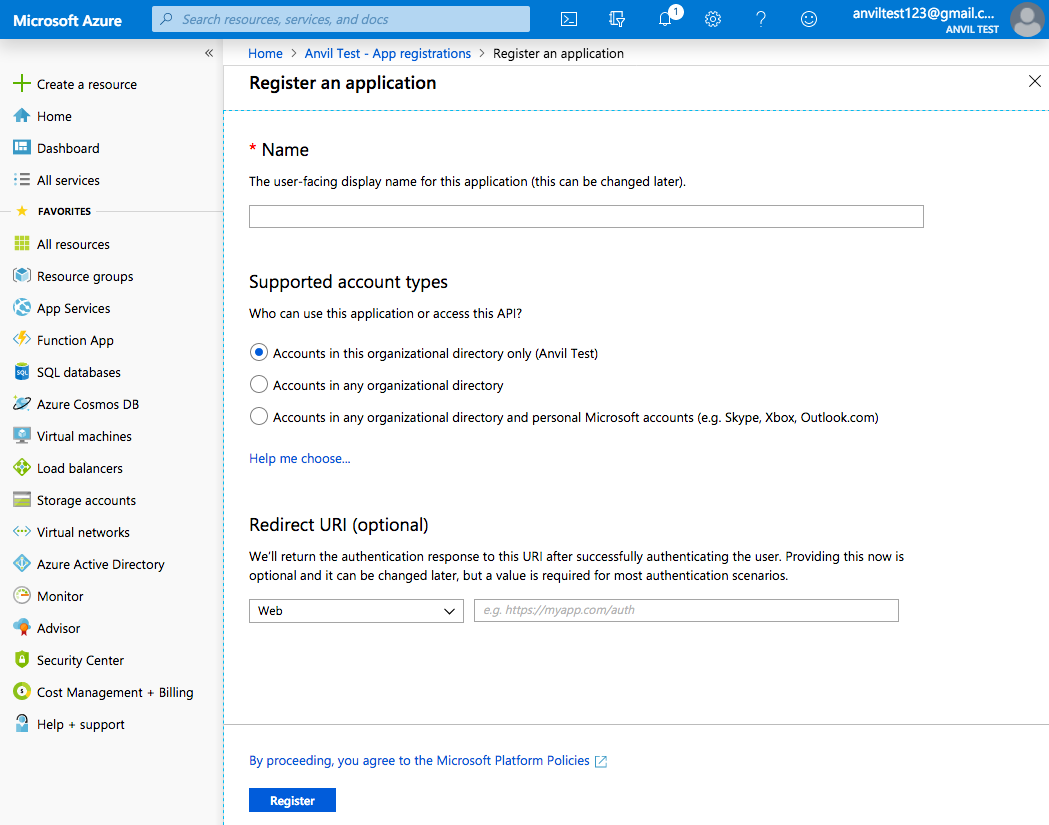 Azure Portal's app registration creation form. You can enter a name and select which category of users can log in to this app. You can also specify an OAuth redirect URI.