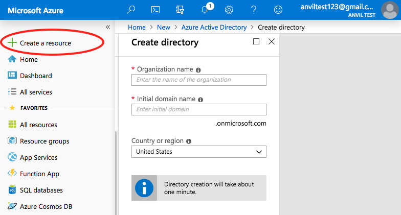 Azure Portal showing the navbar on the left with Create A Resource circled in red. The main part of the page shows an Active Directory resource being created.