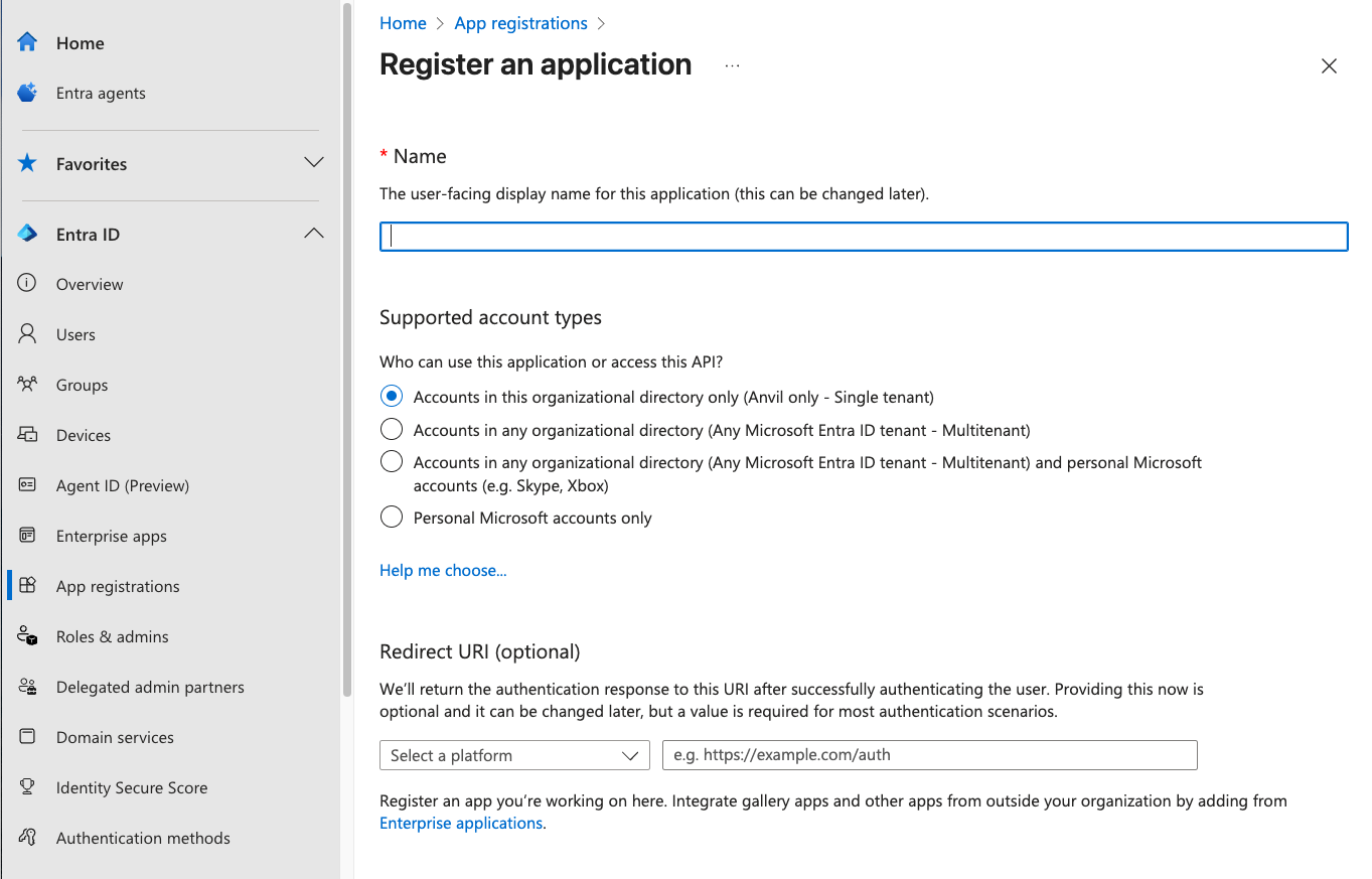 Entra ID's app registration creation form. You can enter a name and select which category of users can log in to this app. You can also specify an OAuth redirect URI.
