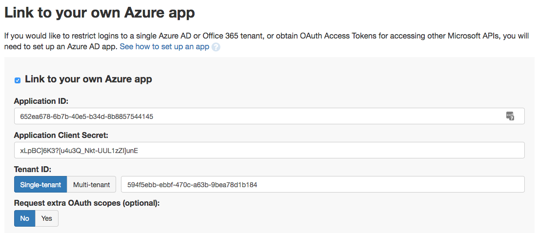 Part of Anvil's Microsoft API Service config view. There is a 'link to your own Azure App' checkbox, which is checked. There are boxed for Application ID, Application Client Secret, and Tenant ID. These have the relevant keys copied in from Azure.