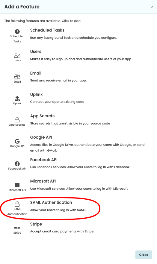 Services list with SAML Authentication highlighted