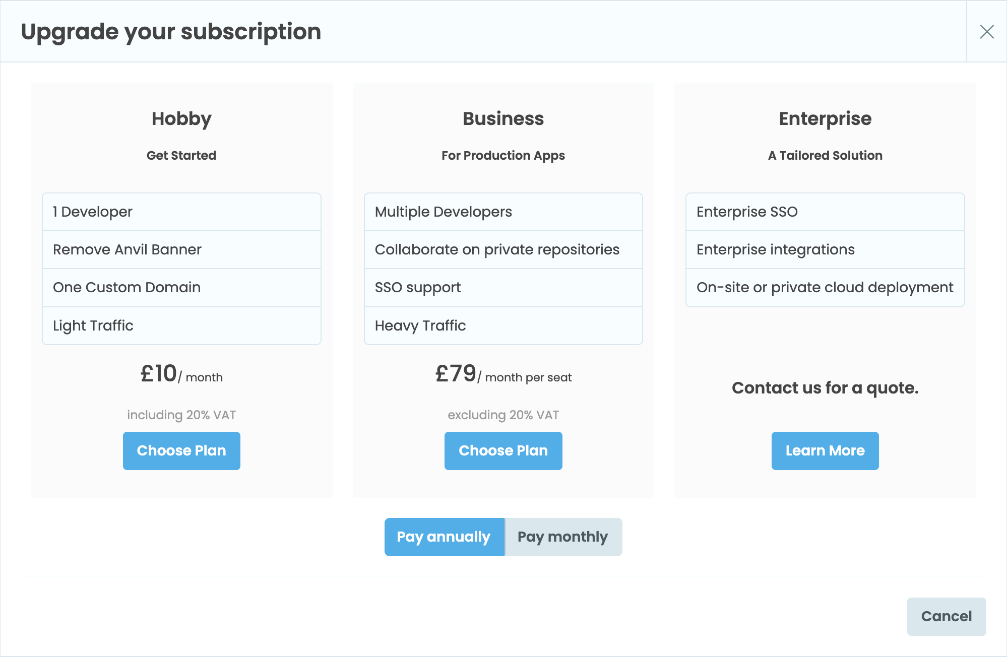 The upgrade screen with the plan options