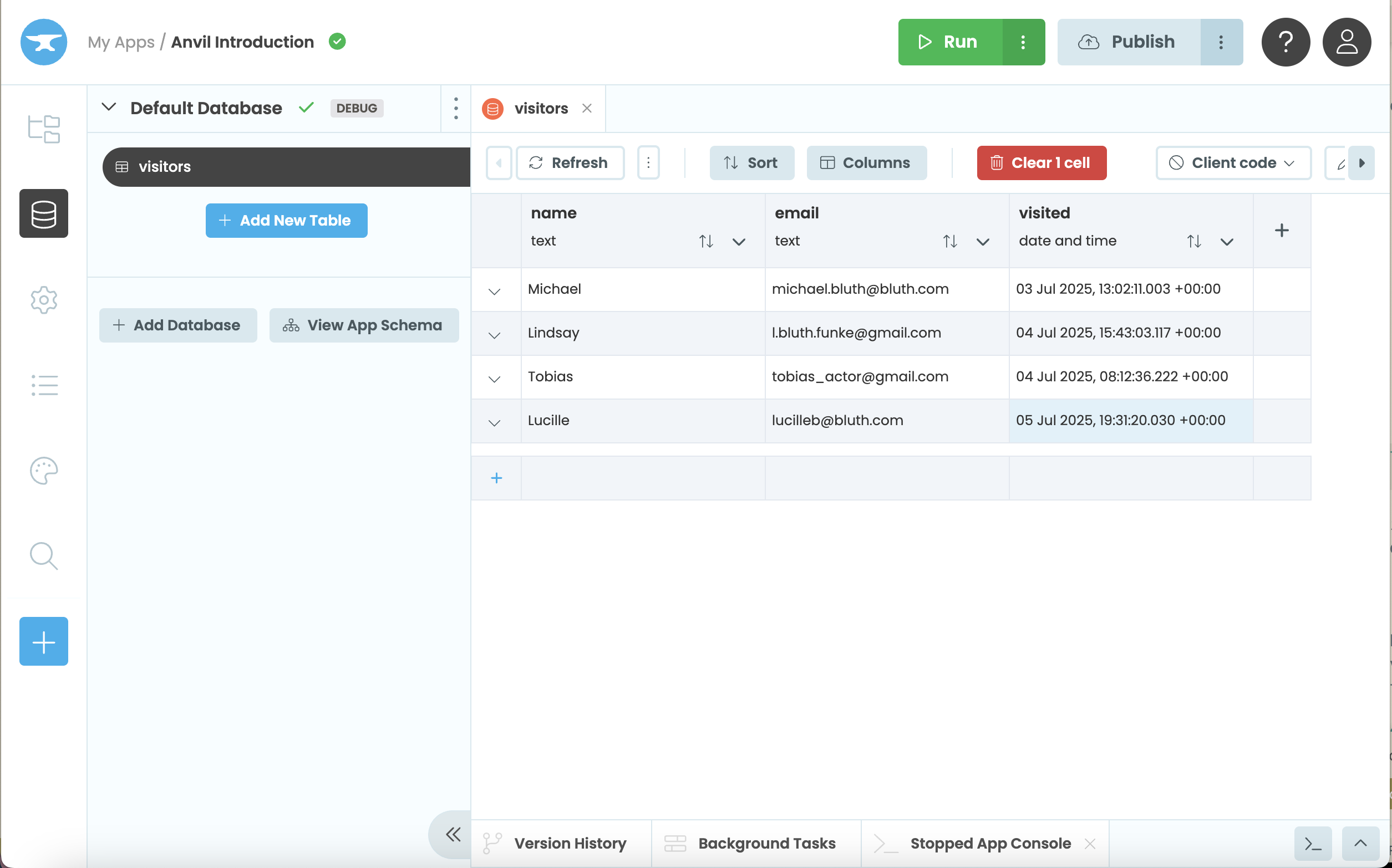 A Data Table that’s been populated using app_tables.visitors.add_row()