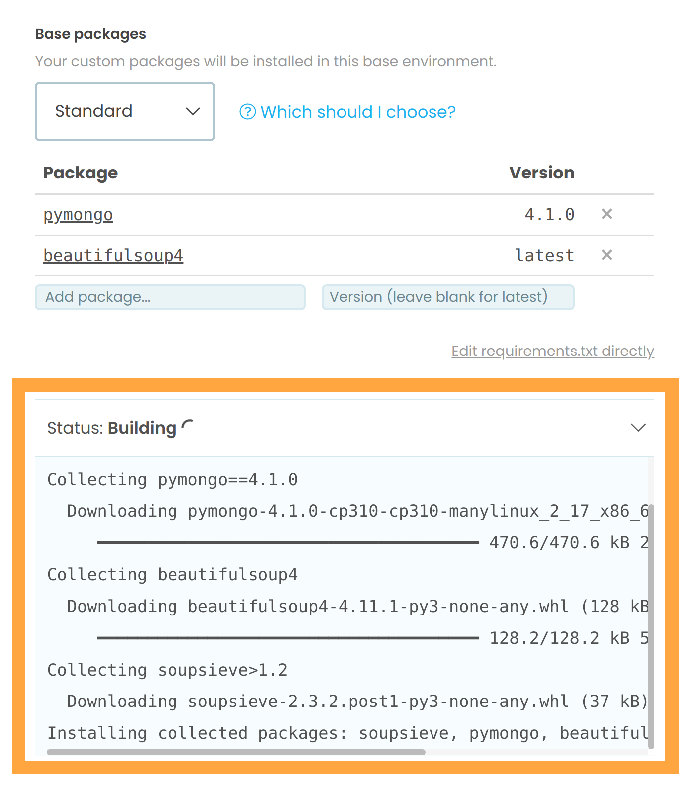 The Python Versions configuration page, with the 'Build output' section underneath the packages section expanded and highlighted.