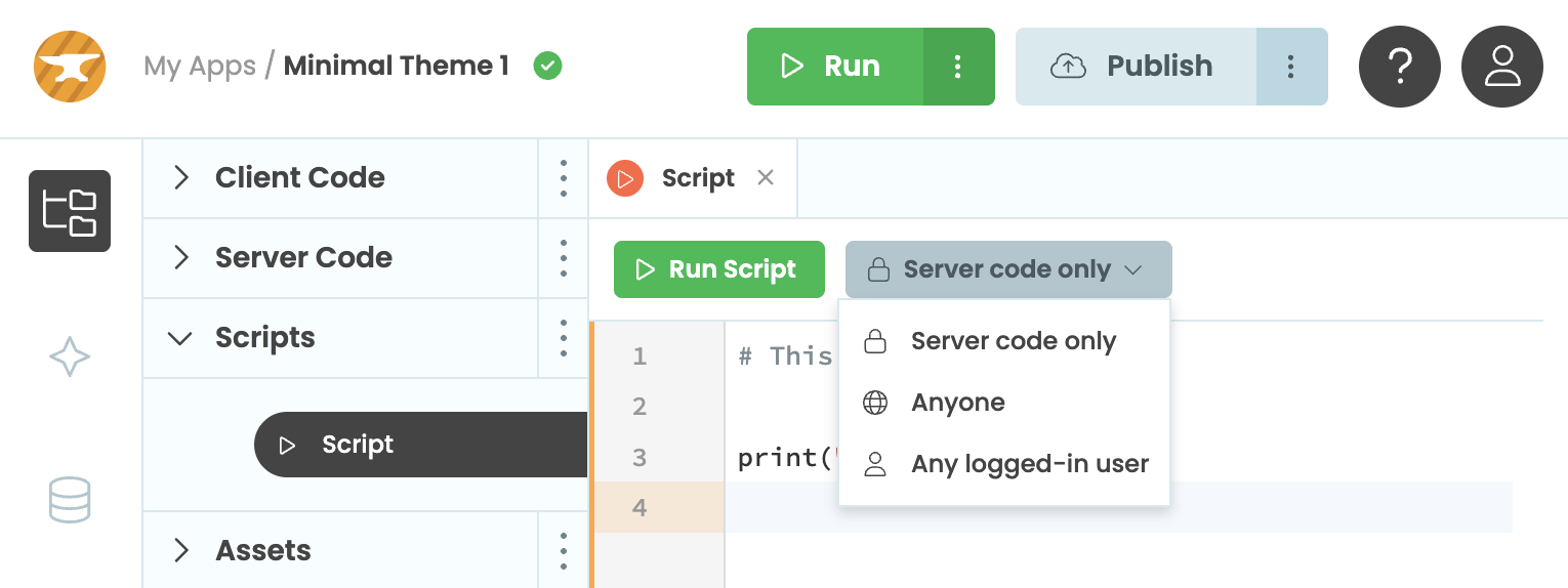 Script permissions dropdown menu showing options for who can launch the Script