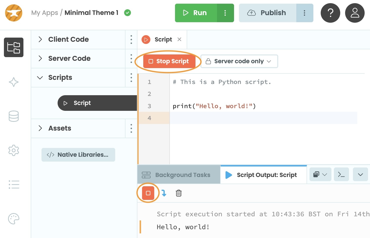 Anvil Editor showing the stop button in the Script editor
