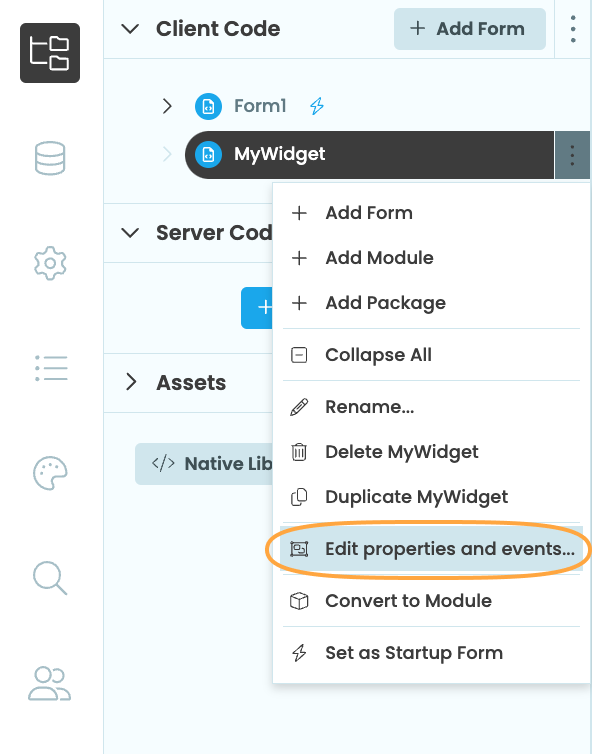 Location of the 'Edit properties and events' option for the Form in the App Browser