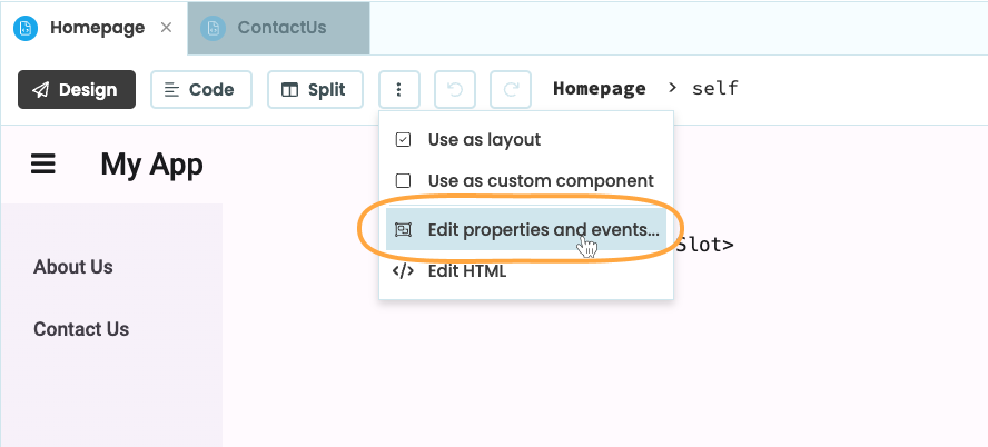 Location of the &lsquo;Edit Properties and Events&rsquo; button in the Form Editor