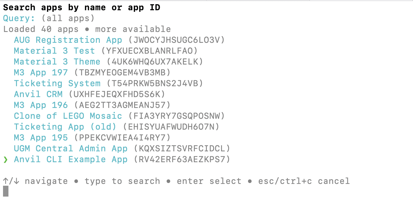 Running anvil checkout lets you choose from a list of your apps