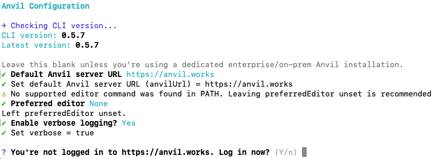 Running anvil configure from the Anvil CLI