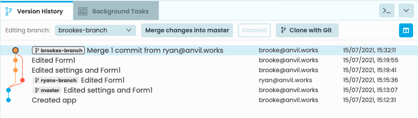 The version control panel in the new Anvil editor showing two branches and multiple commits