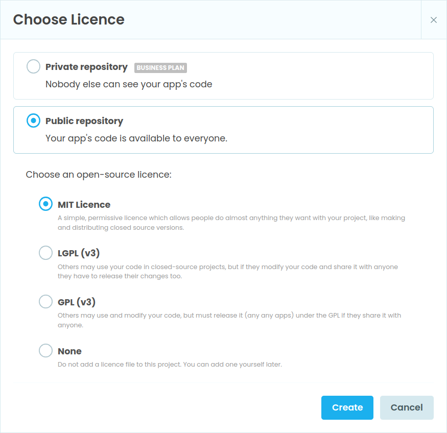 Choose Licence modal