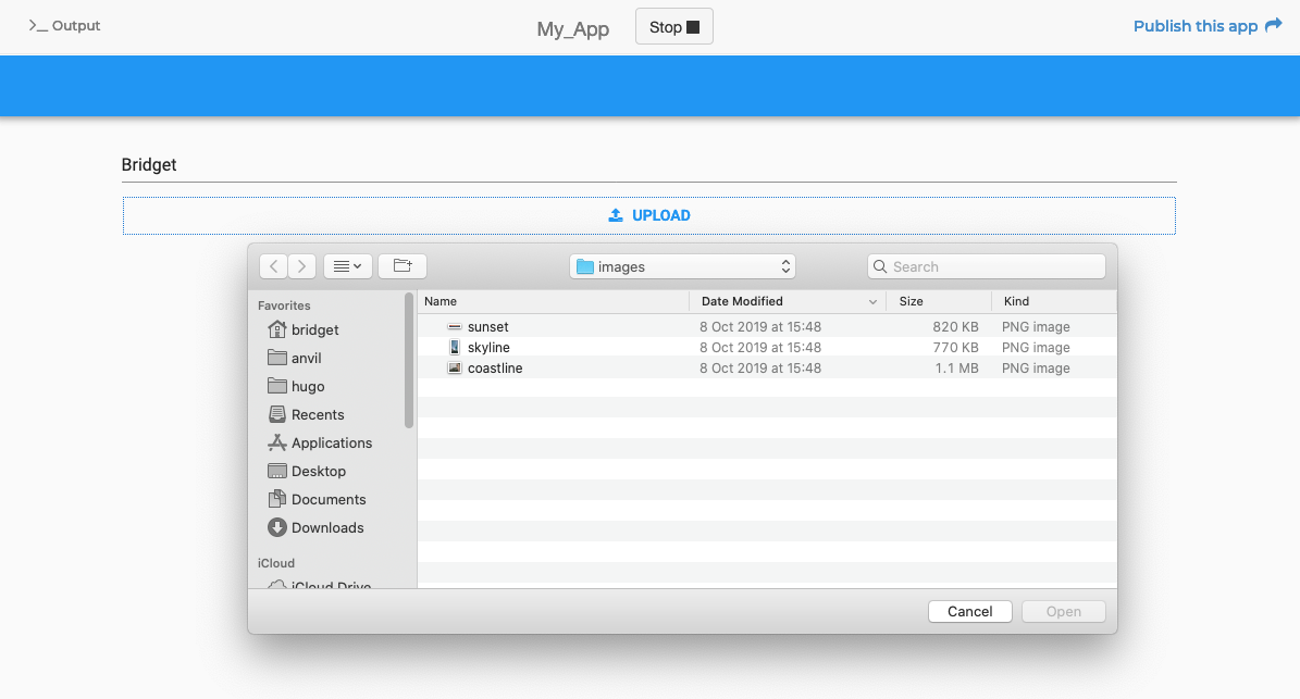 A running app with a FileLoader, showing a Mac OS file selection dialog