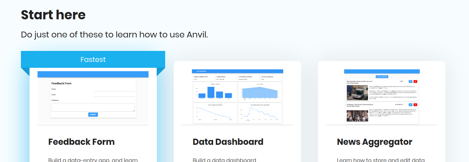 Three of Anvil’s starting tutorials