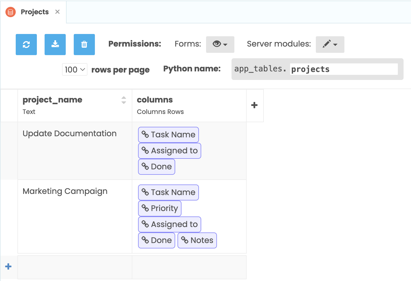 Screenshot of the Projects Data Table showing two columns:project_name and columns